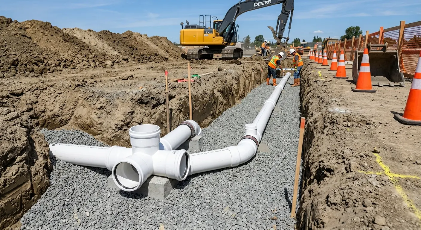 New PVC sewer pipe installation in open trench for Sewer Backup in Medina