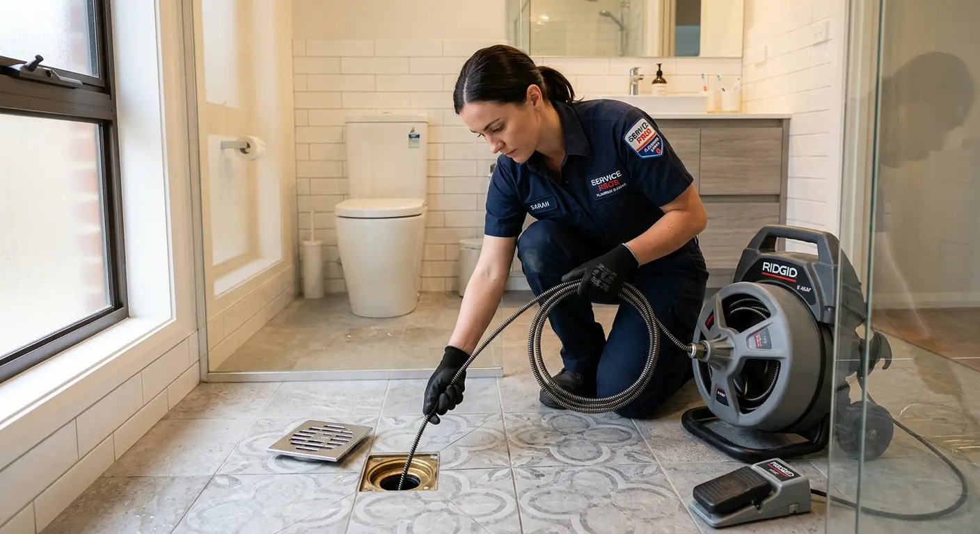 Technician clearing a bathroom floor drain for Sewer Line Replacement in Medina